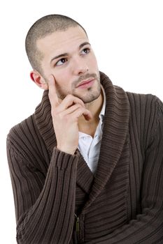 pensive young casual man portrait, isolated on white