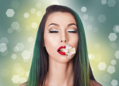 woman with a green hair (keep in the mouth flower