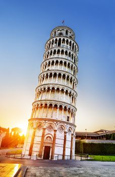 Pisa, place of miracles: the leaning tower and the cathedral baptistery, tuscany, Italy 