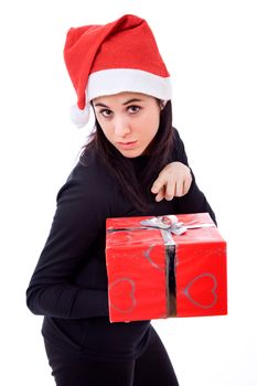 beautiful young girl holding a christmas gift, isolated