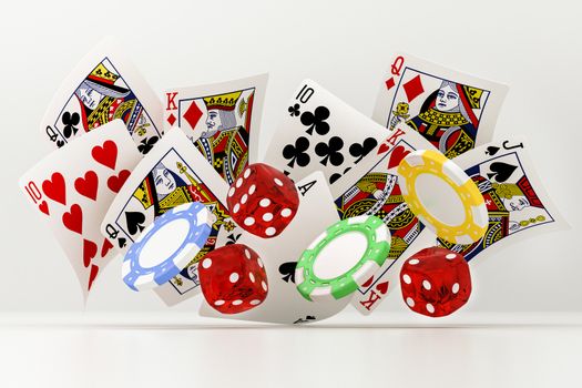 dice, chips and cards on a white background