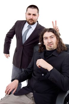 two silly young business men portrait isolated on white background