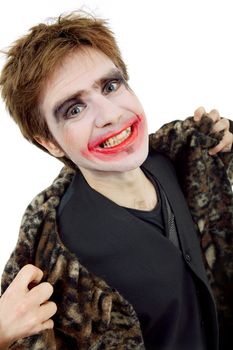 young man dressed as joker, isolated on white