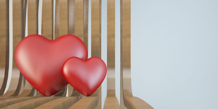 3d two hearts together on wooden chair for valentine day background