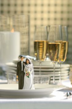 Close-up of cake figurines on dinner plate at reception