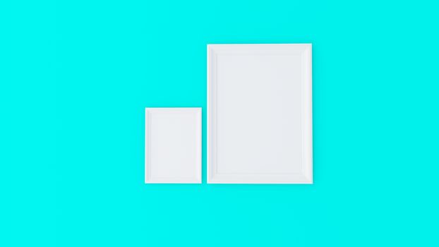 Two blank 3d wooden white frames on wall waiting for art