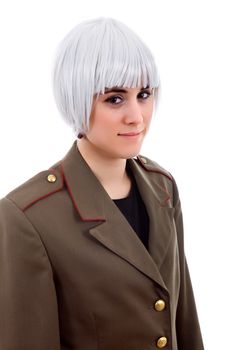 woman with a russian army coat and a white wig, isolated