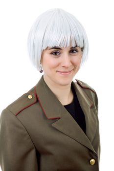 woman with a russian army coat and a white wig, isolated