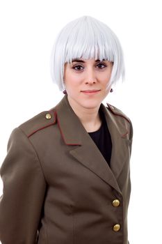 woman with a russian army coat and a white wig, isolated