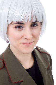 woman with a russian army coat and a white wig, isolated