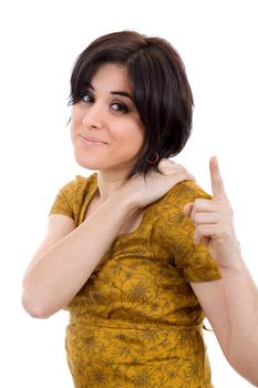 young happy beautiful woman pointing, isolated in white