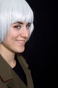 young woman with a russian army coat and a white wig