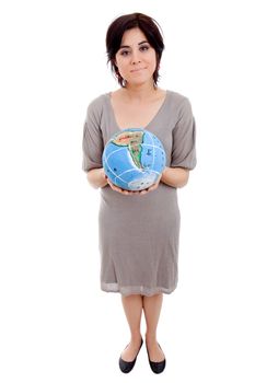 pretty young woman holding the world in her hands