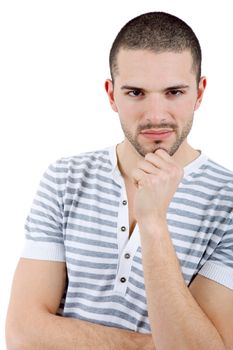 young casual man thinking, isolated on white