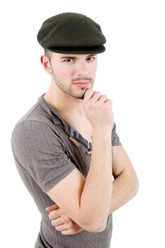 young casual man thinking, isolated on white