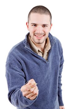 young casual man offering a coin, isloated