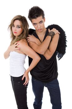 teen couple playing as actors on white background