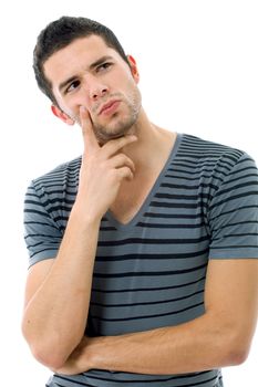 pensive young casual man portrait, isolated on white