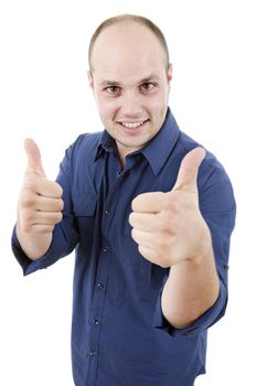 young casual man going thumb up, isolated on white