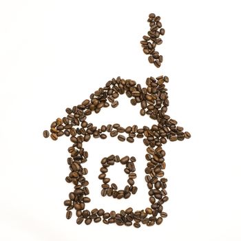 Coffee beans are stacked in the shape of house. Isolated on white background