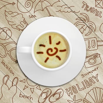 Summer sketches around cup of coffee. Wood background