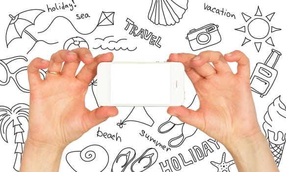 Hands holding a smartphone. Around summer sketches. white background