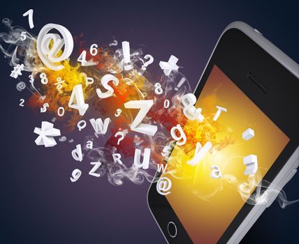 Smart phone emits letters, numbers and colored smoke. Technology concept