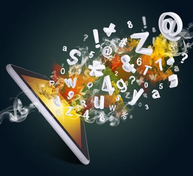 Tablet pc emits letters, numbers and colored smoke. Technology concept