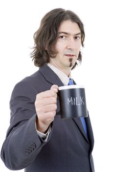 young business man with a cup of milk, isolated