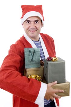 young man with santa hat holding some gifts, isolated