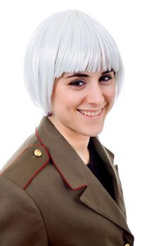 woman with a russian army coat and a white wig, isolated