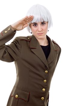 woman with a russian army coat and a white wig, isolated