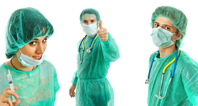 three young doctors, isolated on white background