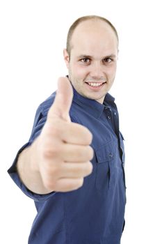 young casual man going thumb up, isolated on white