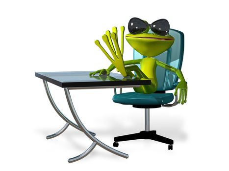 illustration a merry green frog at the table