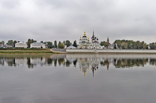 View of Sobornoe Dvorische in  Veliky Ustyug across Sukhona river, North Russia