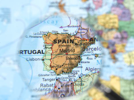 Spain map viewed through magnifying glass. Other Magnifying Glass Photo