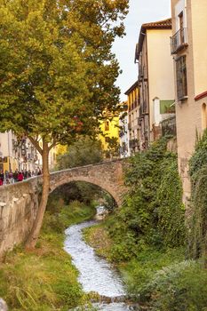 Old Bridge River Rio Darro Walking Street Evening Carrera Del Darro Albaicin Granada Andalusia Spain  