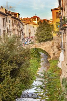 Old Bridge River Rio Darro Walking Street Evening Carrera Del Darro Albaicin Granada Andalusia Spain  