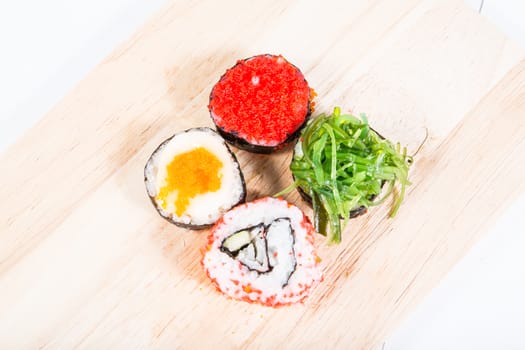 Sushi  on wooden floors.