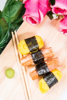 Sushi  on wooden floors.