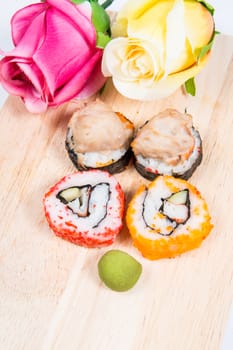 Sushi  on wooden floors.