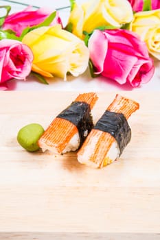 Sushi  on wooden floors.