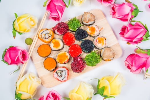 Sushi  on wooden floors.