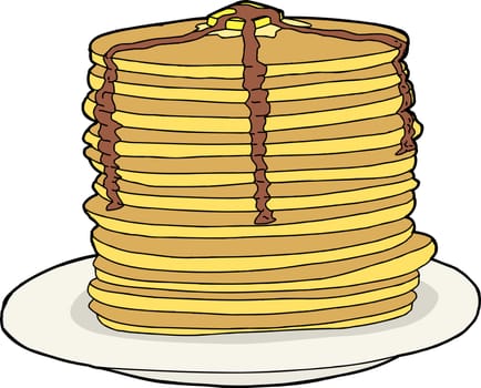 Tall stack of flapjacks with melted butter and syrup