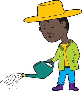 Cartoon of cute farmer and watering can with drops of water