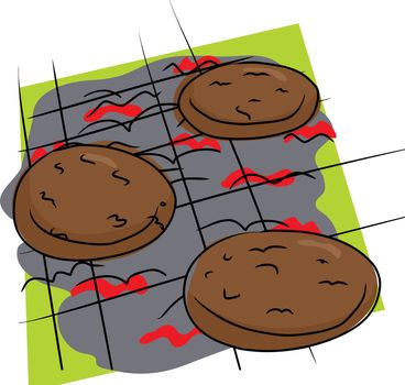 Isolated doodle drawing of burgers on grill