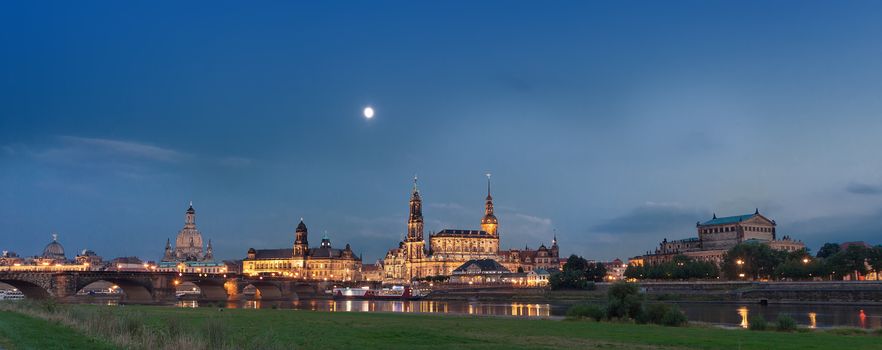 Dresden skyline and river elbe at night