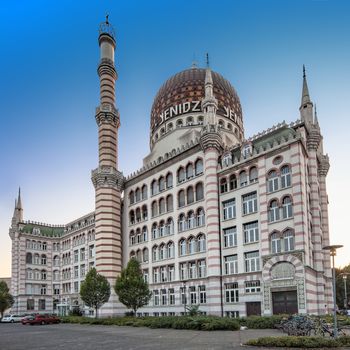 Night view of the Yenidze, a former cigarette factory. It was sometimes referred to as the "tobacco mosque", due to its eccentric architectural style. Today it is an office building.