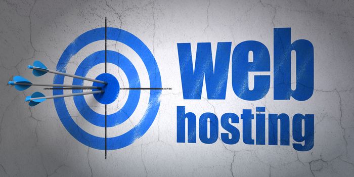 Success web development concept: arrows hitting the center of target, Blue Web Hosting on wall background, 3d render